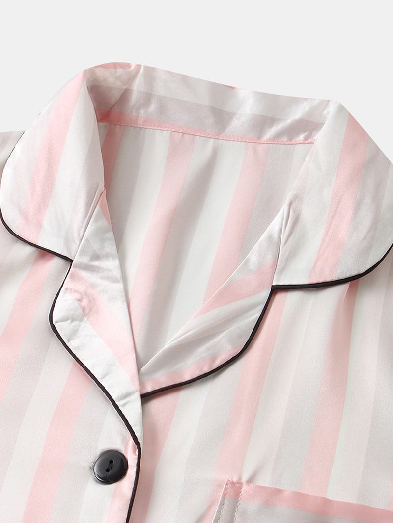 Kvinnor Färgglada Randiga Button Up Revere Krage Pocket Home Ice Silk Pyjamas Set