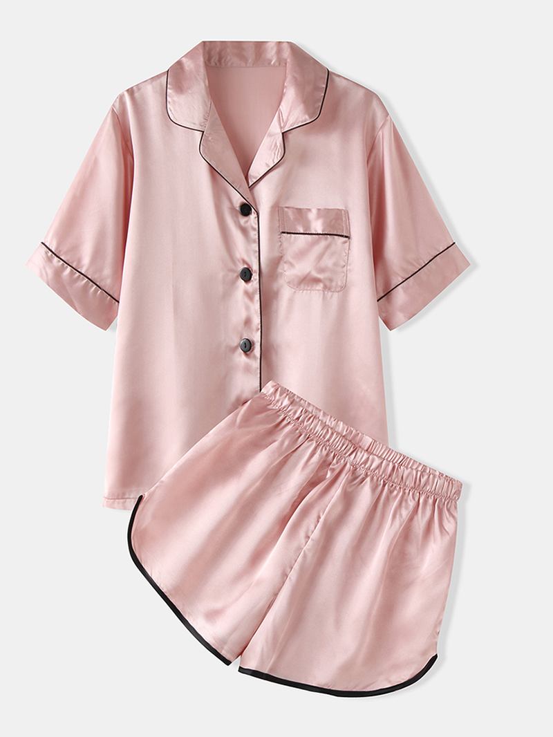 Kvinnor Färgglada Randiga Button Up Revere Krage Pocket Home Ice Silk Pyjamas Set