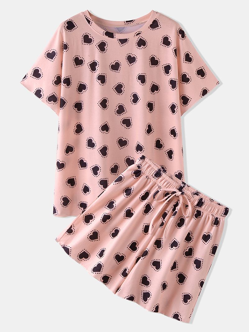 Kvinnor Funny Hearts Med Tryck Kortärmad Elastisk Midja Dragsko Casual Pyjamas Set