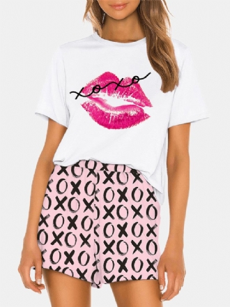 Kvinnor Funny Kiss Letter Med Tryck Lös Med Tryck Lös Andas Pyjamas Set