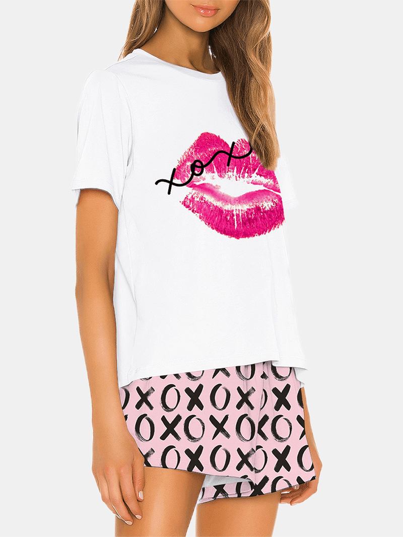 Kvinnor Funny Kiss Letter Med Tryck Lös Med Tryck Lös Andas Pyjamas Set