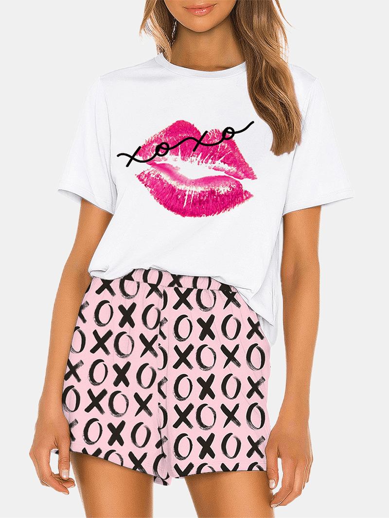 Kvinnor Funny Kiss Letter Med Tryck Lös Med Tryck Lös Andas Pyjamas Set