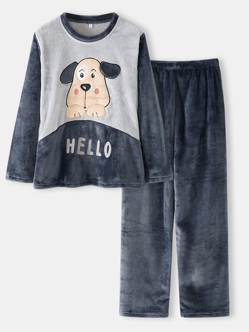 Kvinnor Hello Cartoon Dog Pattern Side Pocket Top Plysch Hem Casual Pyjamas Set