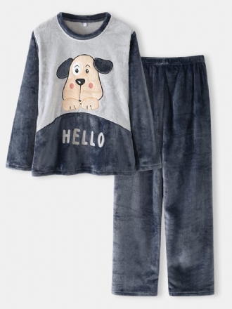 Kvinnor Hello Cartoon Dog Pattern Side Pocket Top Plysch Hem Casual Pyjamas Set