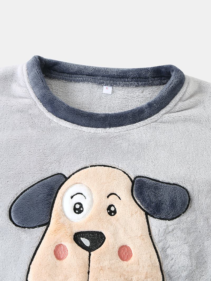 Kvinnor Hello Cartoon Dog Pattern Side Pocket Top Plysch Hem Casual Pyjamas Set