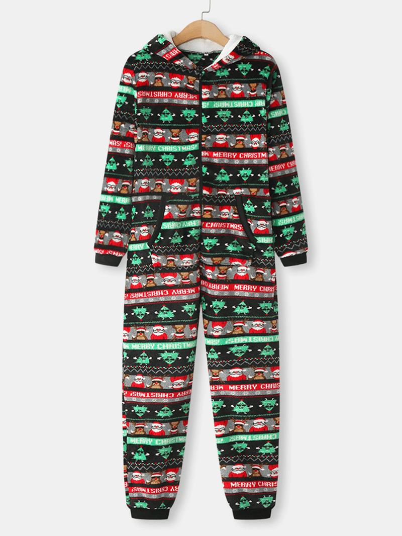 Kvinnor Jul Flanelltryckt Blixtlås Öron Detalj Långärmad Onesies Hooded Pyjamas