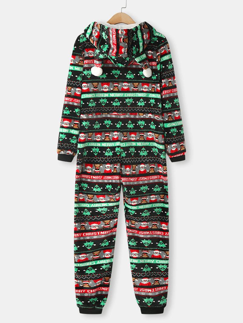 Kvinnor Jul Flanelltryckt Blixtlås Öron Detalj Långärmad Onesies Hooded Pyjamas