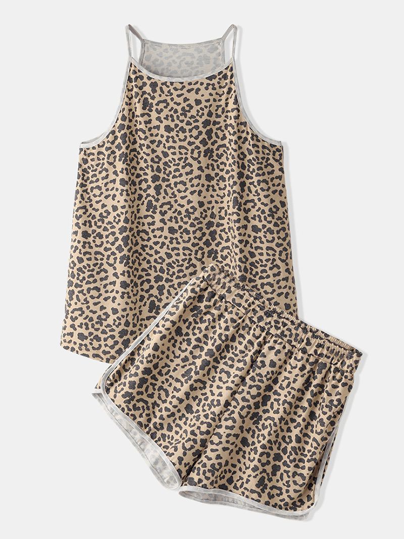 Kvinnor Leopard Ärmlösa Softies Rund Hals Lös Pyjamas Set