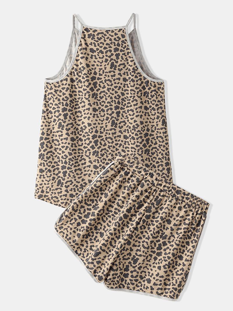 Kvinnor Leopard Ärmlösa Softies Rund Hals Lös Pyjamas Set