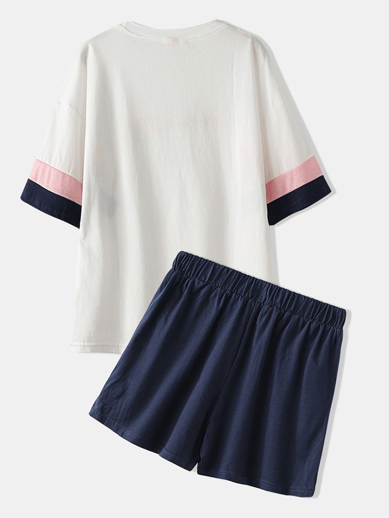 Kvinnor Letter Med Tryck Färg Block Knot Kortärmad Hem Casual Pyjamas Set