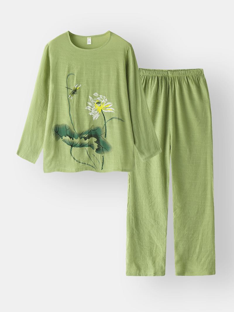 Kvinnor Med Tryck Bomull Linne Softies Loungewear Long Set O-neck Lös Andas Pyjamas Set