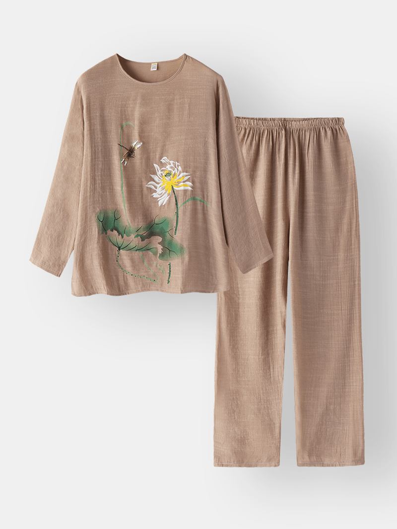 Kvinnor Med Tryck Bomull Linne Softies Loungewear Long Set O-neck Lös Andas Pyjamas Set