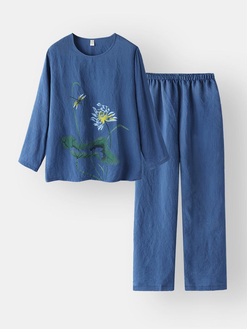 Kvinnor Med Tryck Bomull Linne Softies Loungewear Long Set O-neck Lös Andas Pyjamas Set