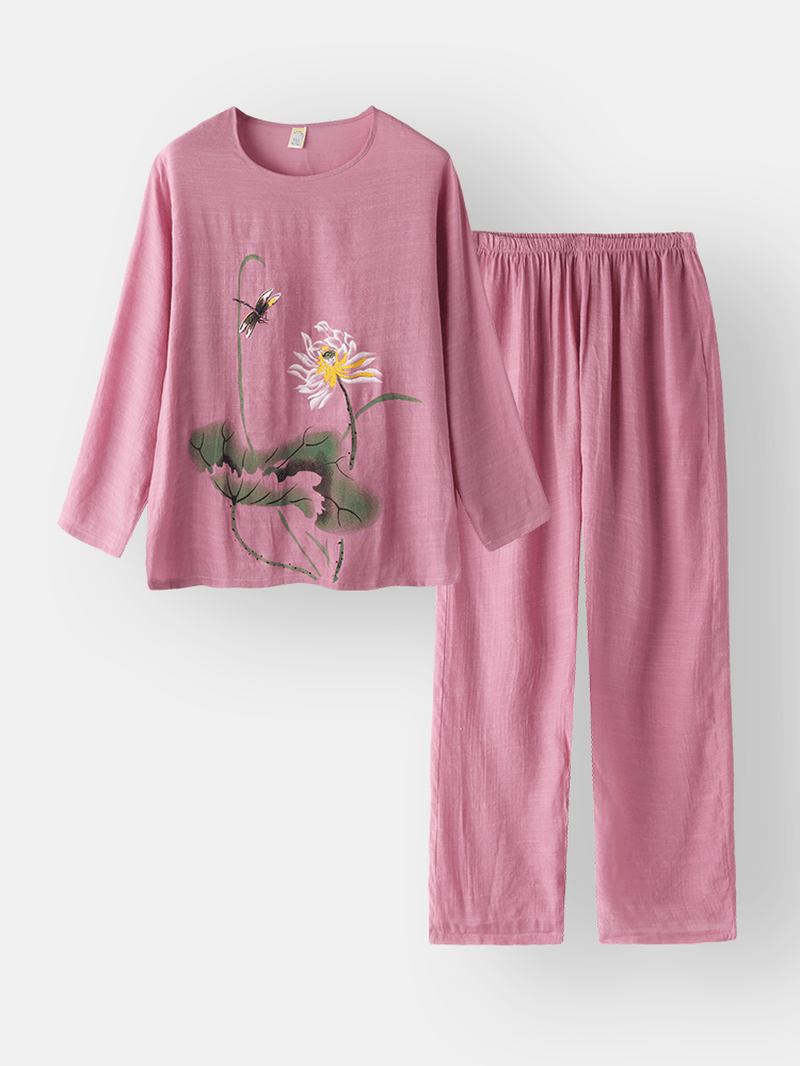 Kvinnor Med Tryck Bomull Linne Softies Loungewear Long Set O-neck Lös Andas Pyjamas Set