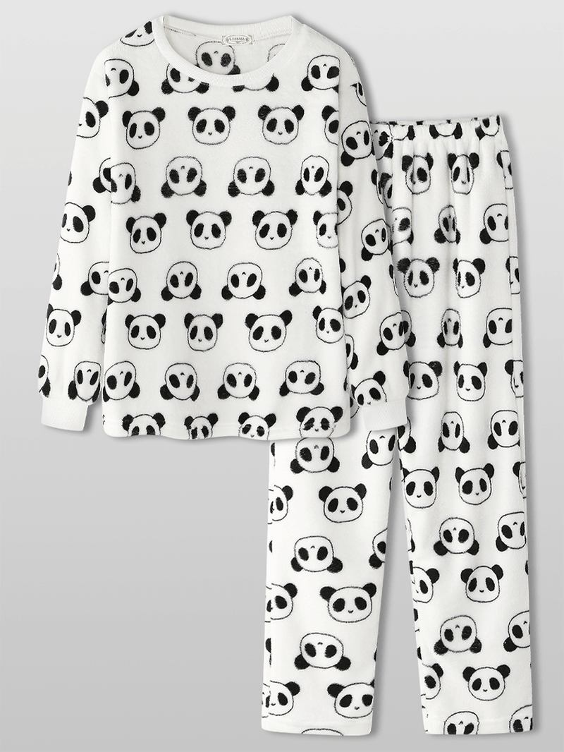 Kvinnor Över Hela Cartoon Panda Långärmad Plysch Varm Hem Pyjamas Set