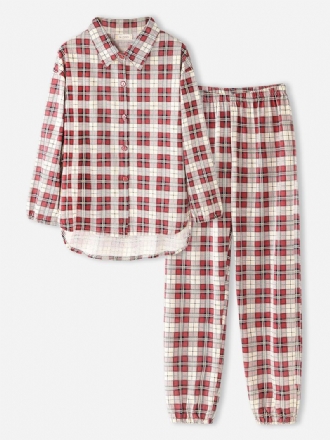 Kvinnor Plaid Med Tryck Lapel High-low Fåll Skjorta Elastiska Midja Byxor Hem Pyjamas Set