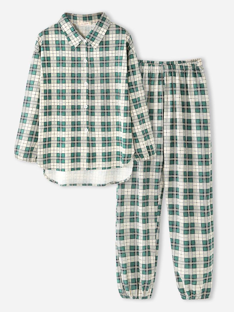 Kvinnor Plaid Med Tryck Lapel High-low Fåll Skjorta Elastiska Midja Byxor Hem Pyjamas Set