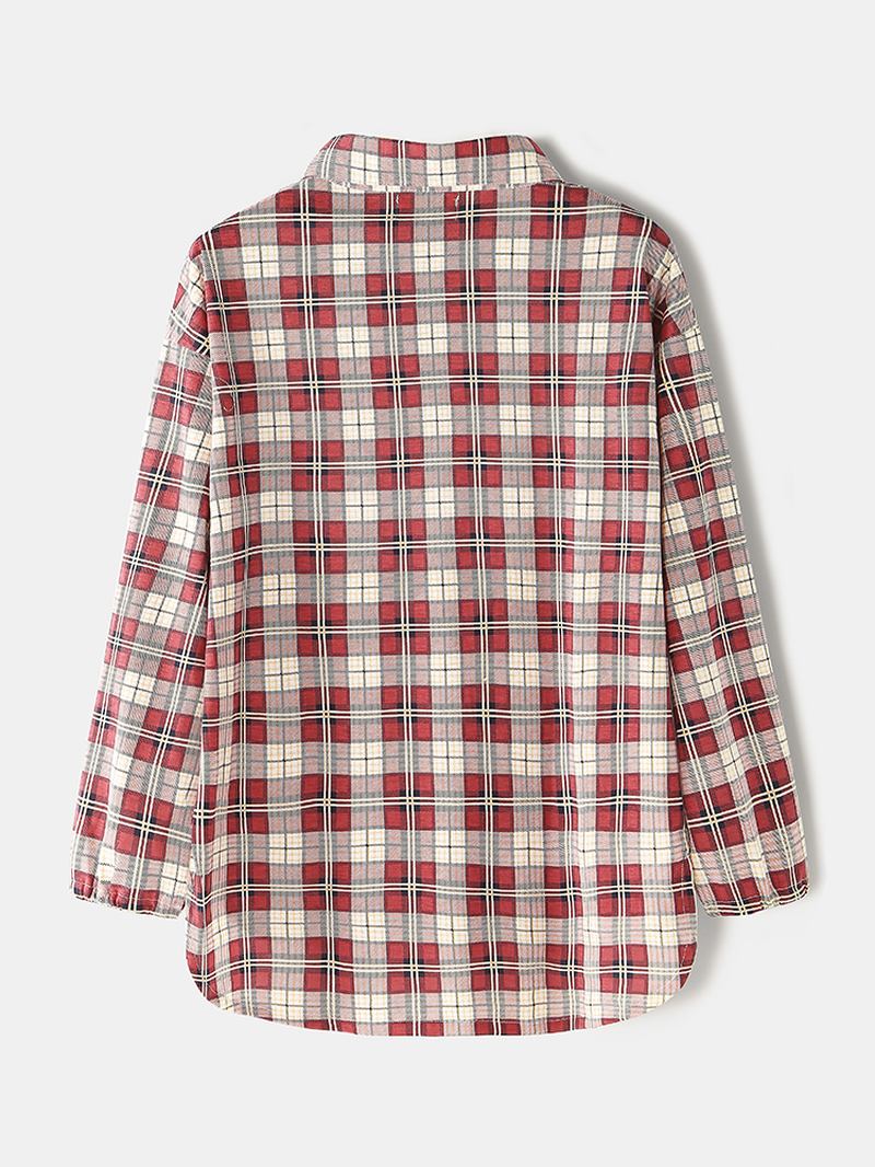 Kvinnor Plaid Med Tryck Lapel High-low Fåll Skjorta Elastiska Midja Byxor Hem Pyjamas Set