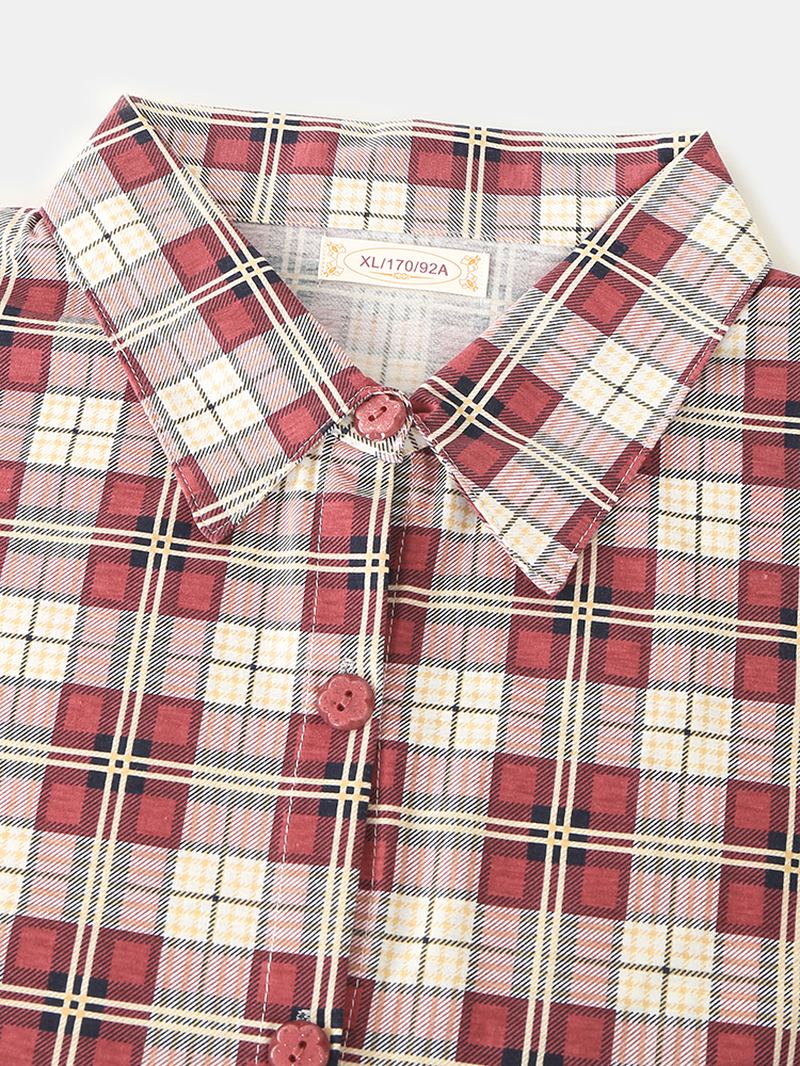 Kvinnor Plaid Med Tryck Lapel High-low Fåll Skjorta Elastiska Midja Byxor Hem Pyjamas Set