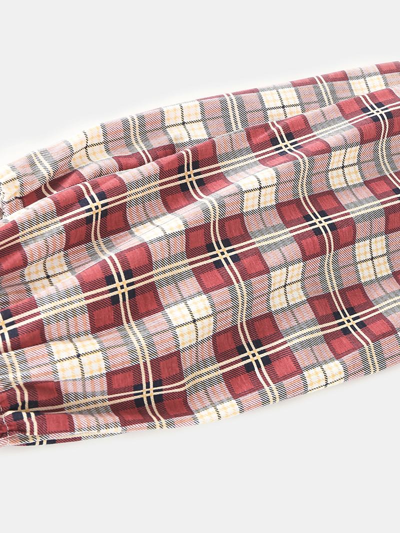 Kvinnor Plaid Med Tryck Lapel High-low Fåll Skjorta Elastiska Midja Byxor Hem Pyjamas Set