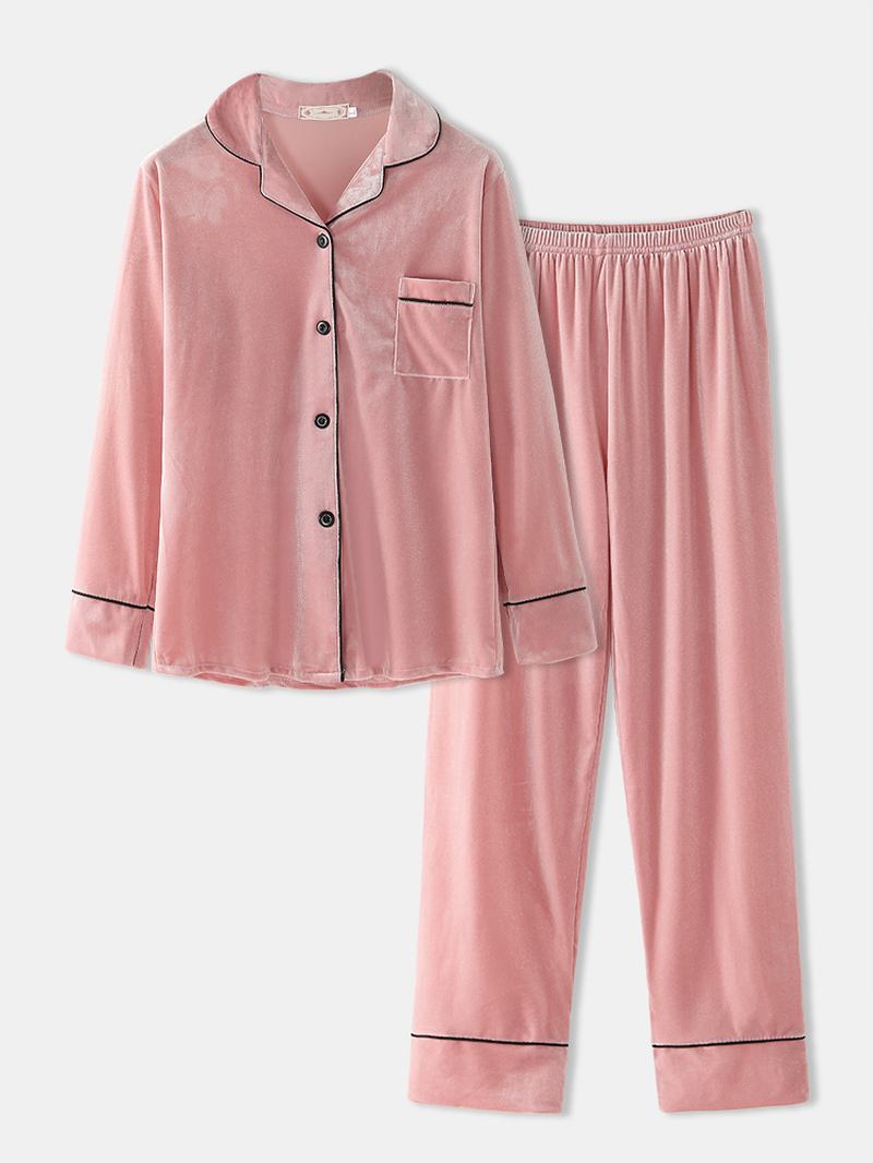 Kvinnor Plus Storlek Sammetsslagsknapp Lösa Raka Byxor Homewear Lounge Solid Pyjamas Set