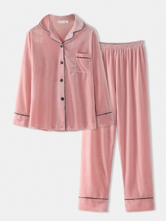 Kvinnor Plus Storlek Sammetsslagsknapp Lösa Raka Byxor Homewear Lounge Solid Pyjamas Set