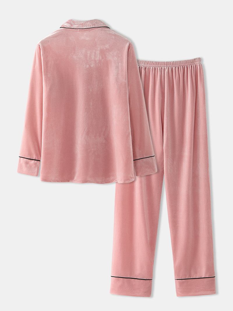 Kvinnor Plus Storlek Sammetsslagsknapp Lösa Raka Byxor Homewear Lounge Solid Pyjamas Set