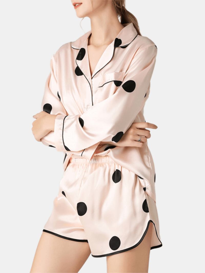 Kvinnor Polka Dot Lapel Collar Rosa Faux Silk Långärmad Lös Pyjamas Set