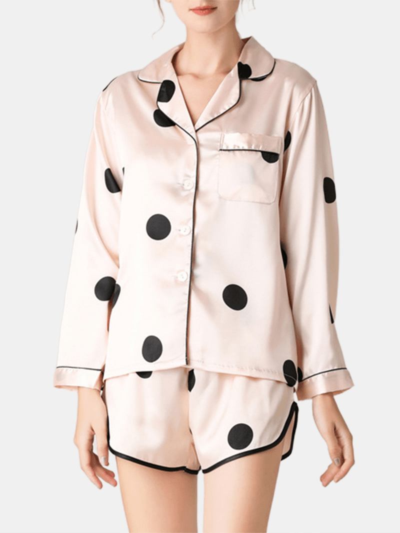 Kvinnor Polka Dot Lapel Collar Rosa Faux Silk Långärmad Lös Pyjamas Set