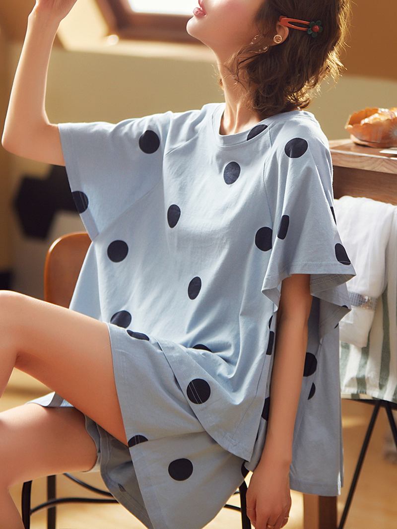 Kvinnor Polka Dot Med Tryck Rund Hals Kort Ärm Shorts Casual Pyjamas Set