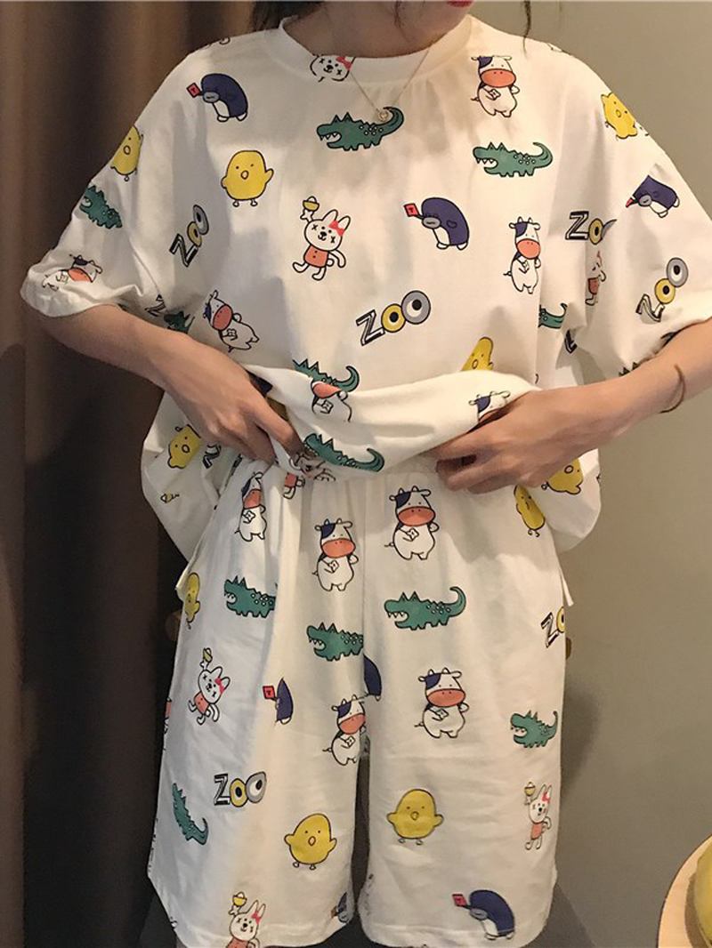 Kvinnor Rolig Cartoon Animal Med Tryck Kortärmad Tvådelad Hem Casual Pyjamas Set