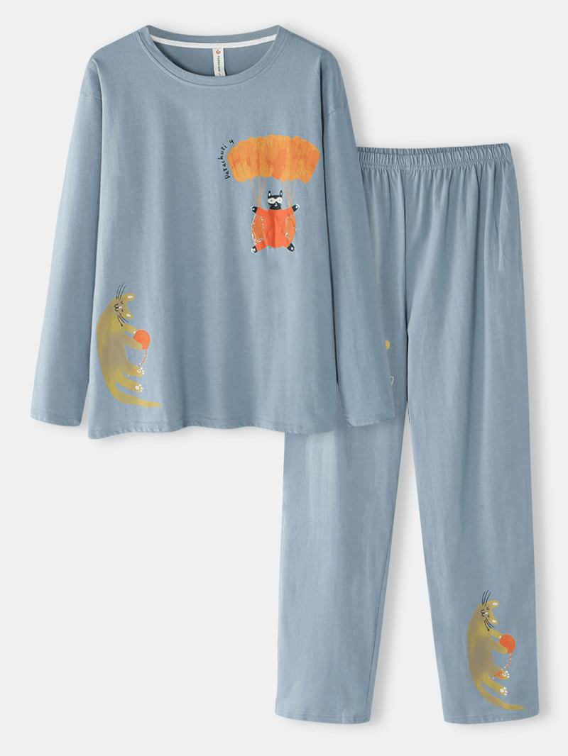 Kvinnor Rolig Cartoon Katt Med Tryck Rund Hals Pullover Elastisk Midja Hem Bomulls Pyjamas Set