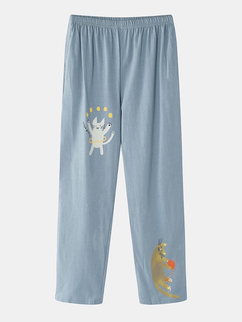 Kvinnor Rolig Cartoon Katt Med Tryck Rund Hals Pullover Elastisk Midja Hem Bomulls Pyjamas Set