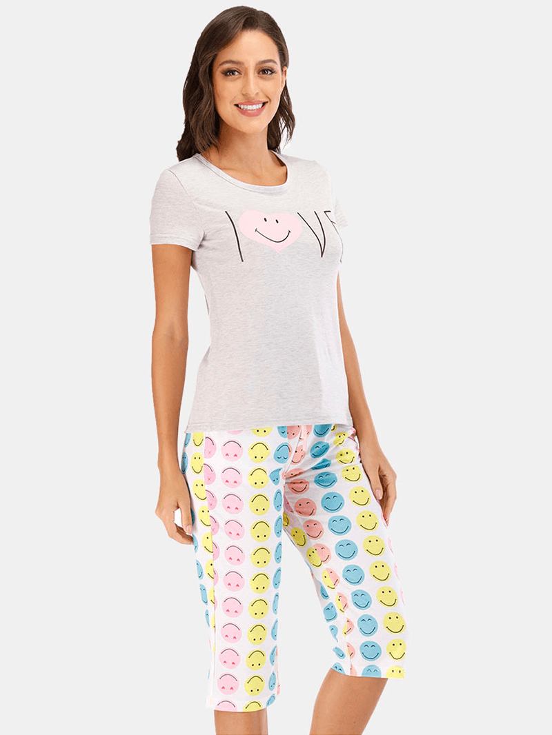 Kvinnor Rolig Cartoon Smile Med Tryck Kortärmad Tvådelad Casual Pyjamas Set