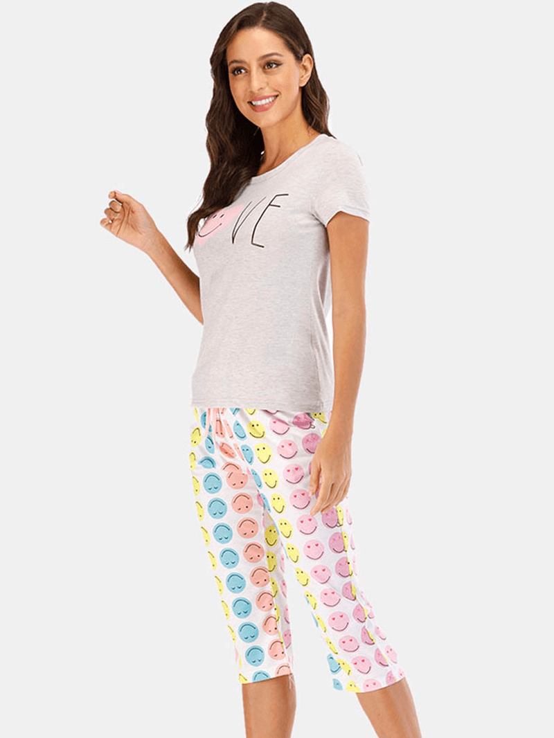 Kvinnor Rolig Cartoon Smile Med Tryck Kortärmad Tvådelad Casual Pyjamas Set