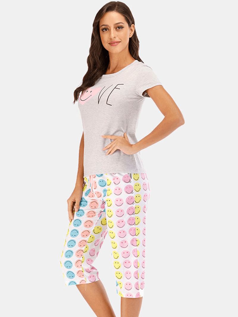 Kvinnor Rolig Cartoon Smile Med Tryck Kortärmad Tvådelad Casual Pyjamas Set