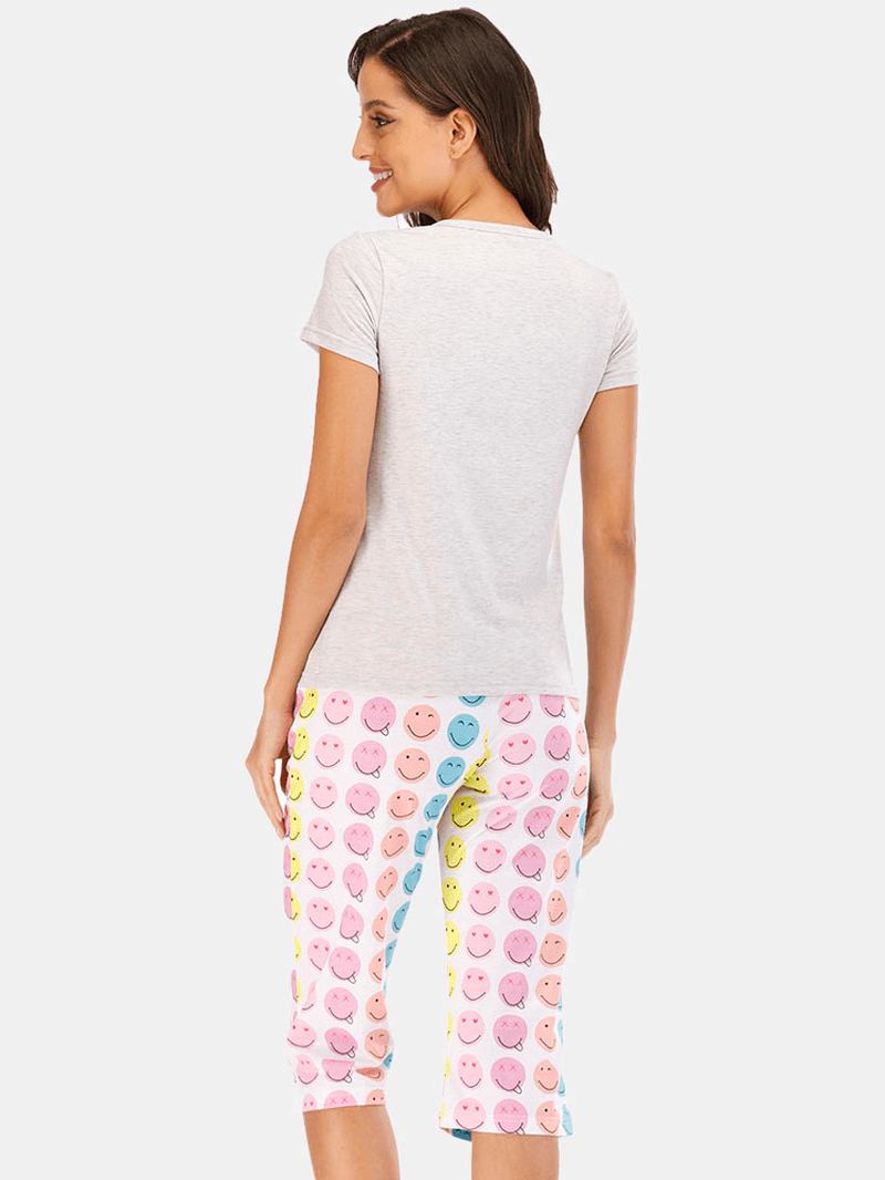 Kvinnor Rolig Cartoon Smile Med Tryck Kortärmad Tvådelad Casual Pyjamas Set