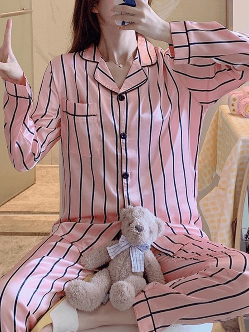 Kvinnor Rosa Rand Med Tryck Camp Collar Långärmad Hem Casual Faux Silk Pyjamas Set