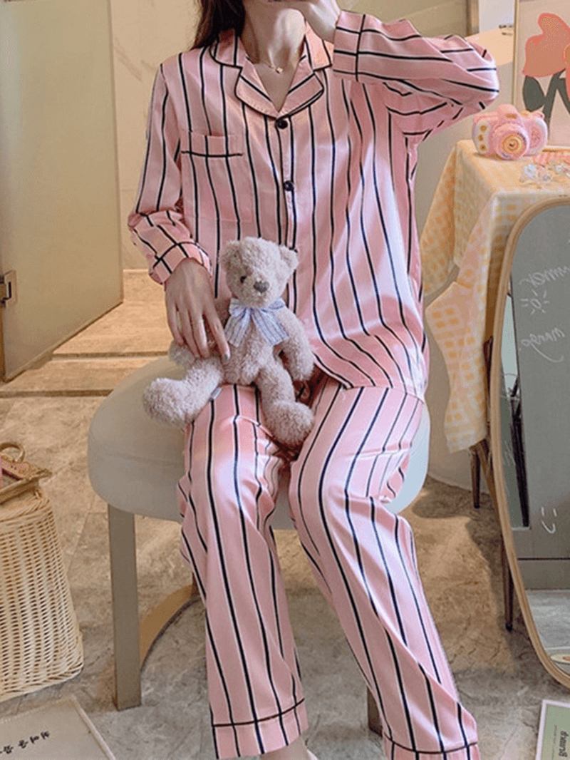 Kvinnor Rosa Rand Med Tryck Camp Collar Långärmad Hem Casual Faux Silk Pyjamas Set