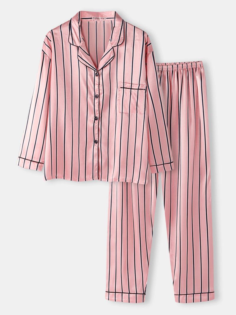 Kvinnor Rosa Rand Med Tryck Camp Collar Långärmad Hem Casual Faux Silk Pyjamas Set