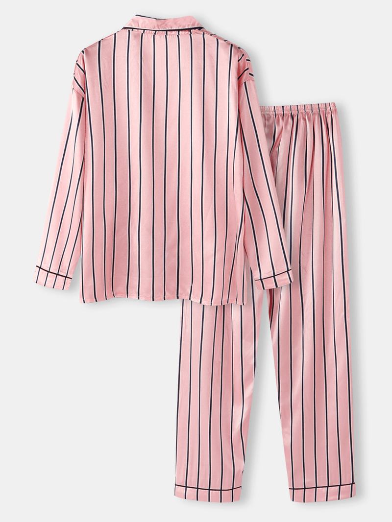 Kvinnor Rosa Rand Med Tryck Camp Collar Långärmad Hem Casual Faux Silk Pyjamas Set