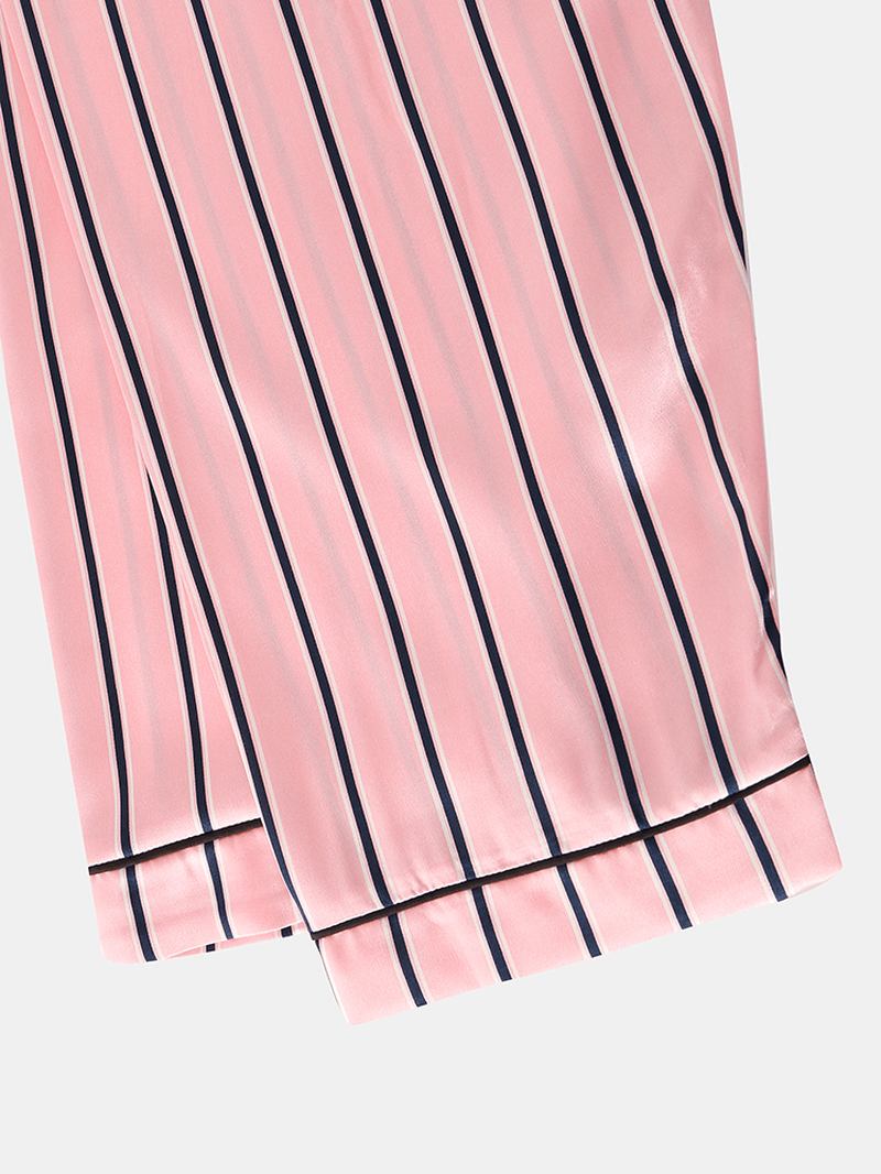 Kvinnor Rosa Rand Med Tryck Camp Collar Långärmad Hem Casual Faux Silk Pyjamas Set