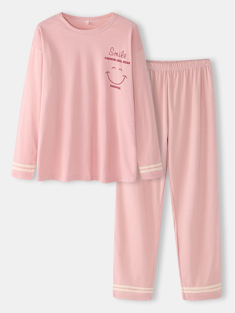 Kvinnor Smile Face Med Tryck Drop Shoulder Randig Manschett Bomull Pullover Pyjamas Set