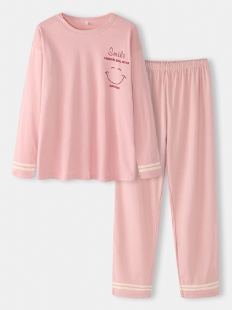 Kvinnor Smile Face Med Tryck Drop Shoulder Randig Manschett Bomull Pullover Pyjamas Set