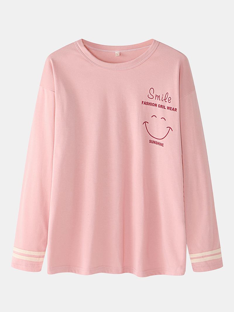 Kvinnor Smile Face Med Tryck Drop Shoulder Randig Manschett Bomull Pullover Pyjamas Set