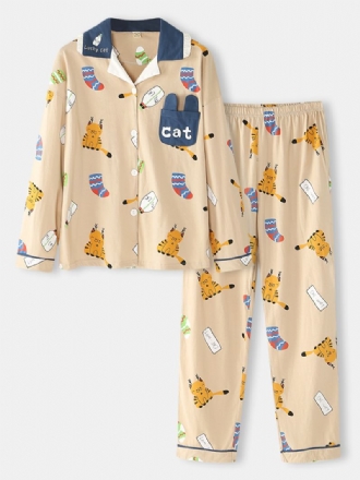 Kvinnor Söt Cartoon Katt Med Tryck Shirt Elastiska Midja Byxor Hem Casual Pyjamas Set