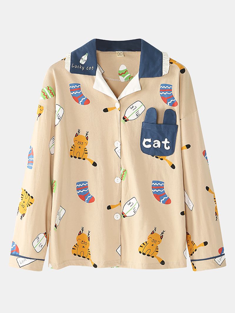 Kvinnor Söt Cartoon Katt Med Tryck Shirt Elastiska Midja Byxor Hem Casual Pyjamas Set