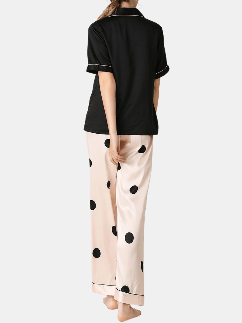 Kvinnor Svart Revere Krage Kortärmad Top Polka Dot Byxor Faux Silk Hem Pyjamas Set