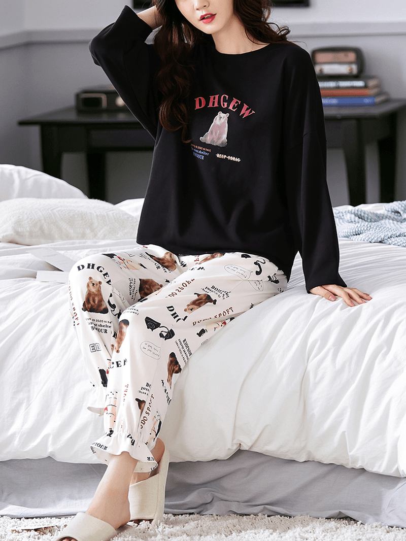 Kvinnor Tecknad Djur & Letter Med Tryck Pullover Elastisk Midja Lösa Byxor Hem Pyjamas Set