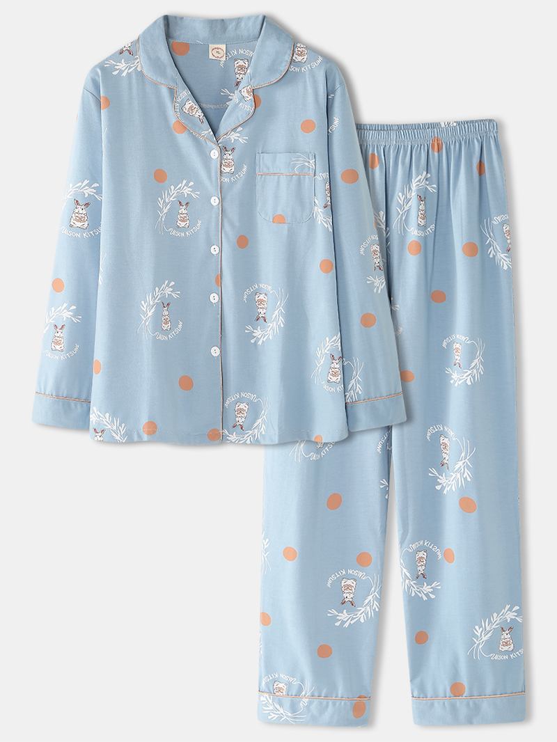 Kvinnor Tecknad Kanin & Polka Dot Med Tryck Skjorta Elastisk Midja Hem Pyjamas Set